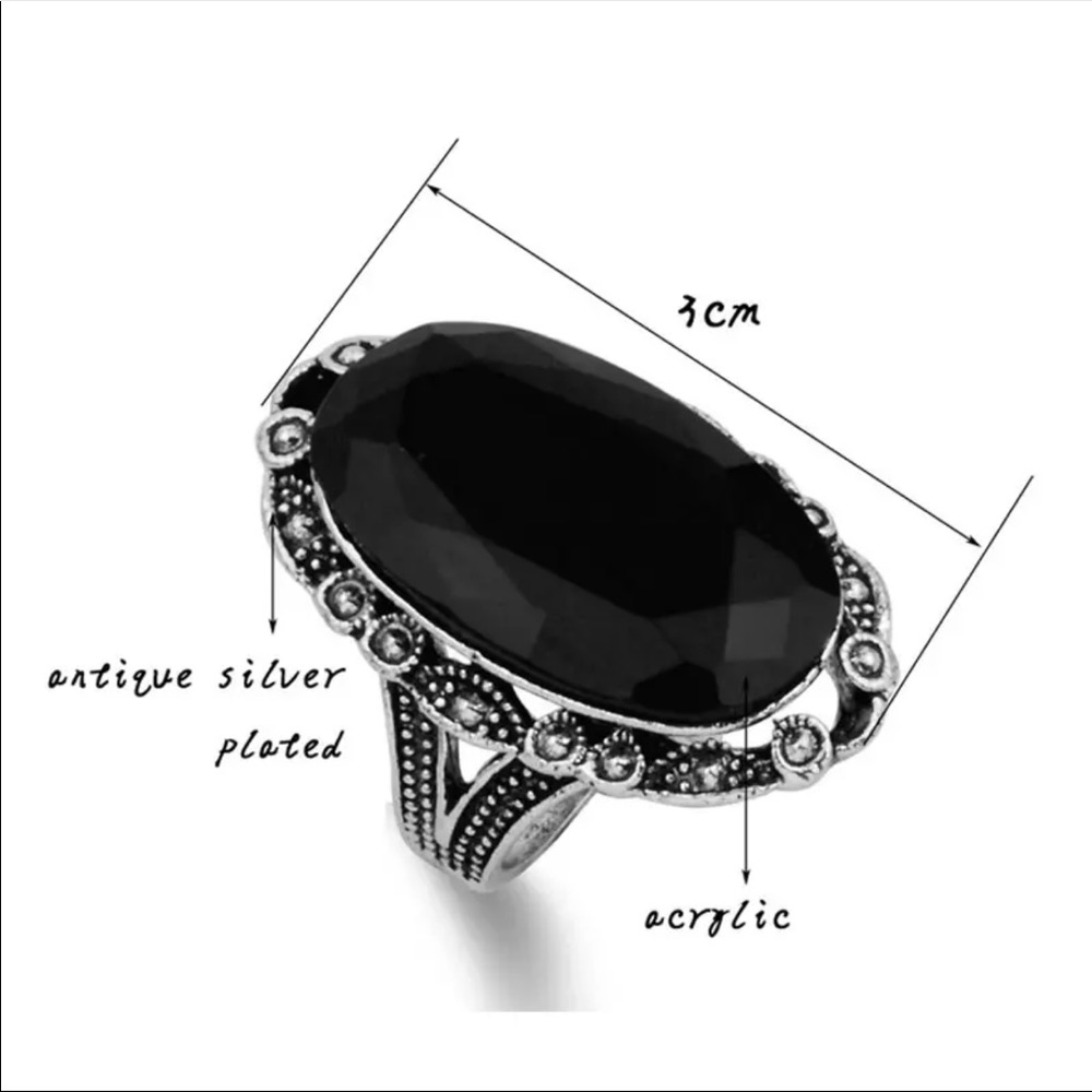 Vintage Black Oval Stone Ring Antique Silver Color - Picture 3 of 3